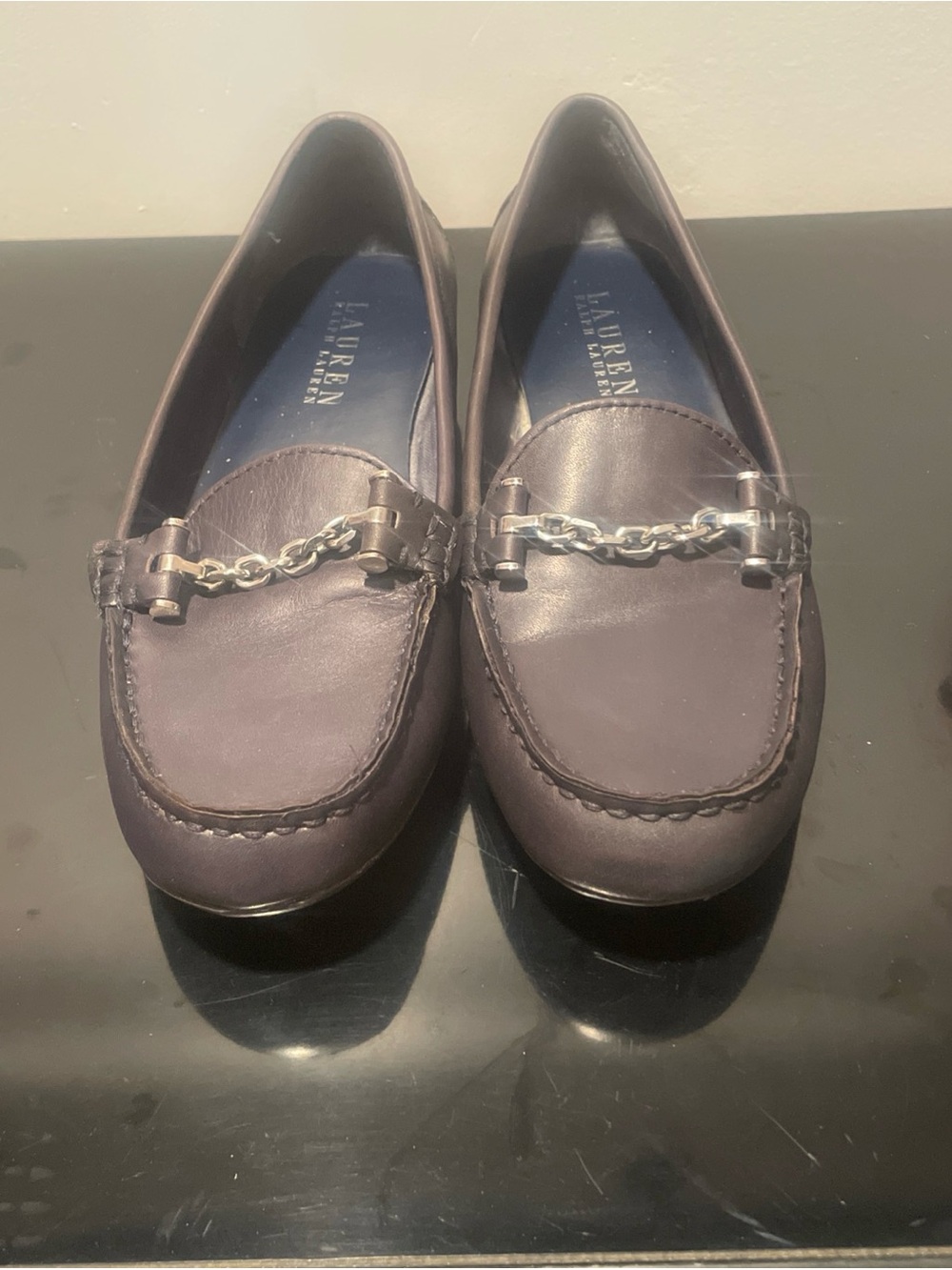 Lauren Ralph Lauren Women's Cayla Slip-On Loafers Leather Black Silver Chain 9 B - Picture 2 of 8